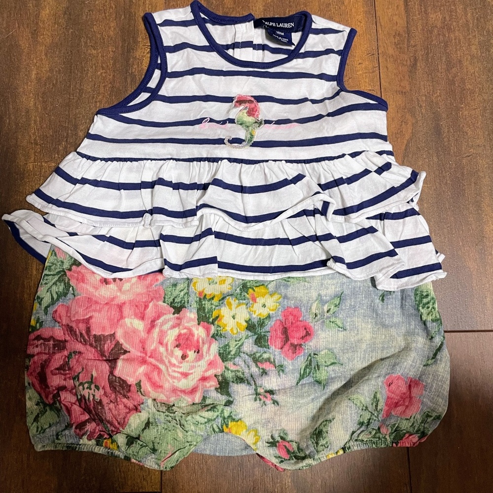 Ralph Lauren Blue and White Striped Tank Top Bubble with Floral Accents